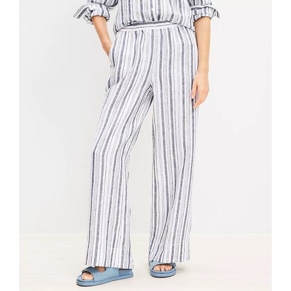 LOFT Pants Striped Linen Pull On Wide Leg Palazzo Deep Space Gray Size XXL (NWT) - Picture 2 of 15